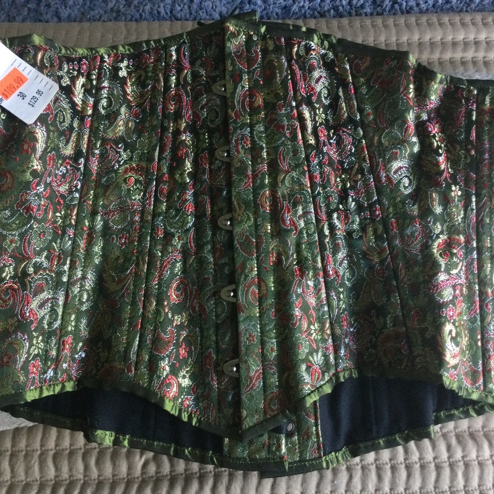 Silk brocade green burgundy underbust Size 30